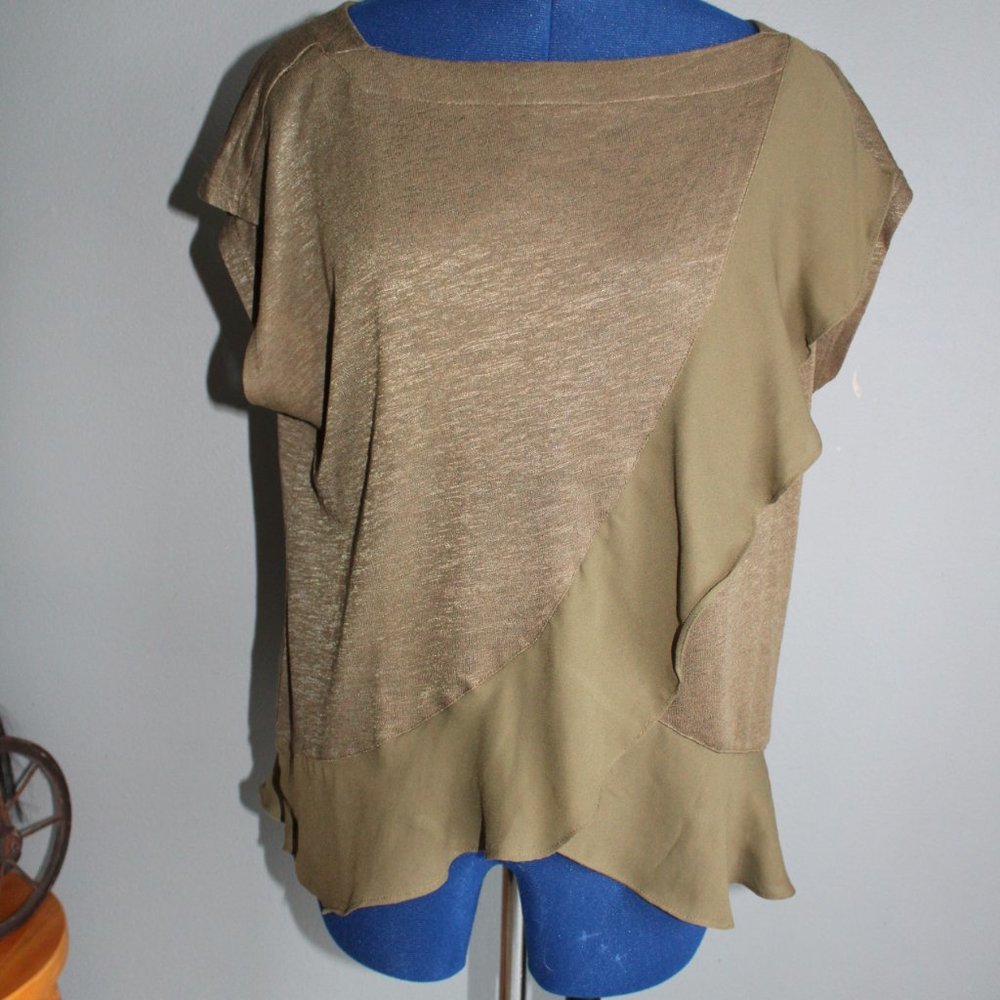 Banana Republic Women's Olive Green Short Sleeve Sheer Ruffle Tee ~M~